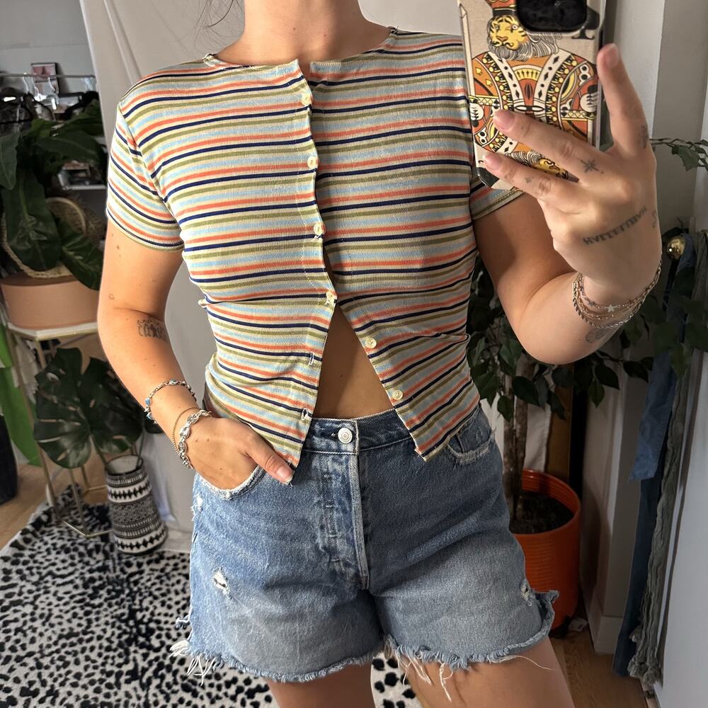 Vintage 90s Multi Stipe Short Sleeve Button Front Shirt Small Retro